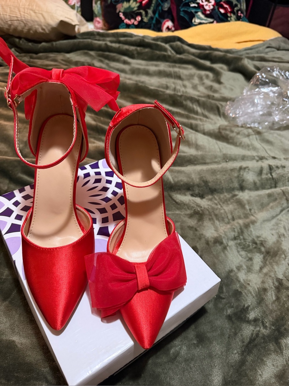 Red Bow Pointed-Toe Ankle Strap Heels